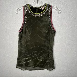 Chelsea & Violet Beaded Neck Sleeveless Top Blouse Green Marble Medium.